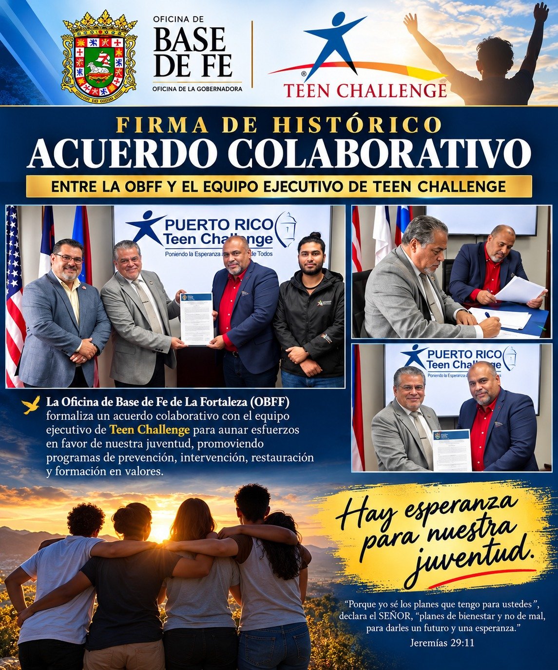 Firma del acuerdo colaborativo entre Teen Challenge Puerto Rico y la Oficina de Base de Fe de La Fortaleza para fortalecer programas dirigidos a la juventud.